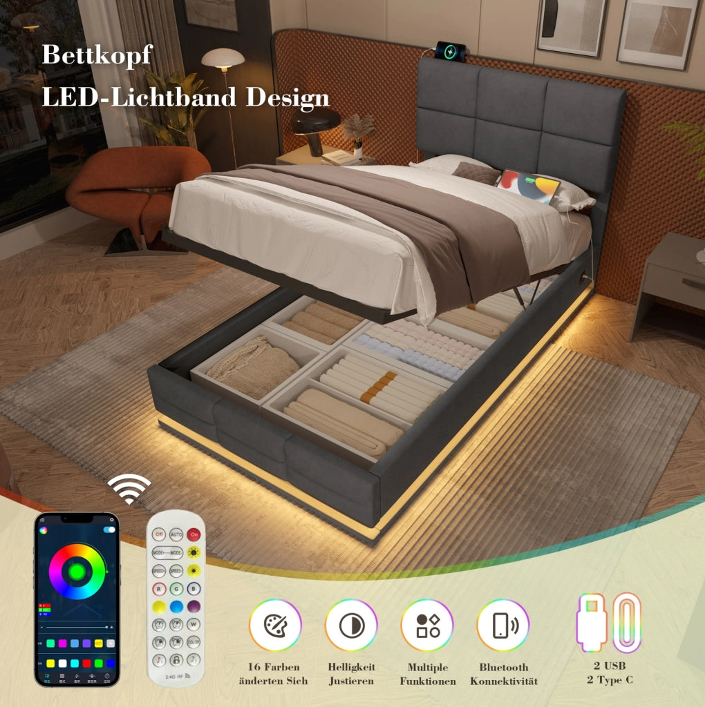 Letto singolo 90x200 cm in velluto grigio scuro con LED e vano contenitore
