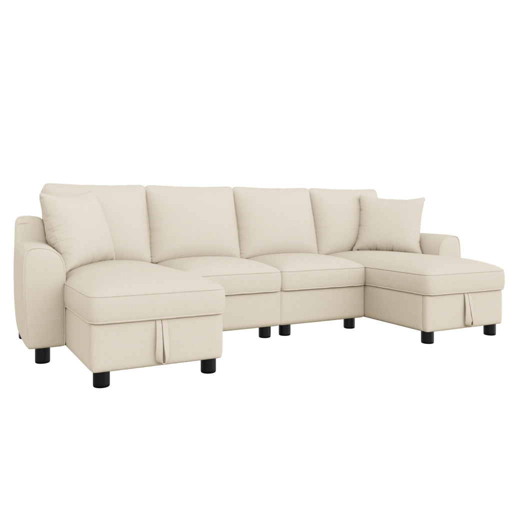 Divano panoramico a U modulare con contenitore e cuscini in chenille beige 280 × 137 × 84 cm