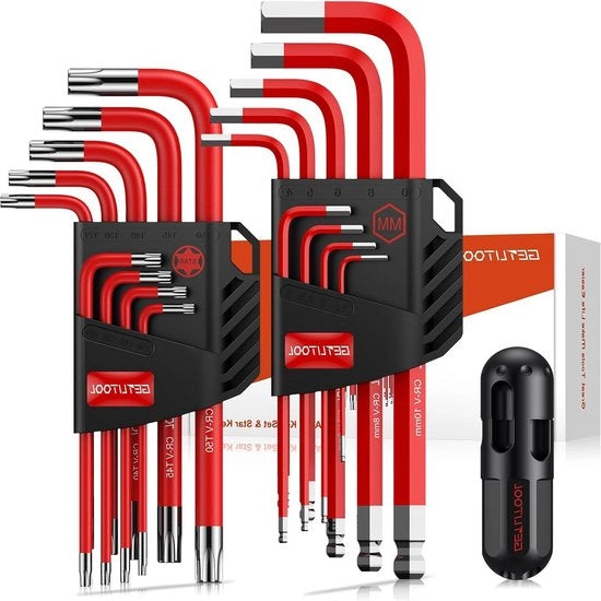 Set di chiavi per Honda CR-V metrico - manubrio T con estremità a sfera - 15 mm-10 mm - T10-T50 - Marcatura dimensionale - Supporto di stoccaggio - 18 pezzi - Chiave a sei lati - Set di chiavi stella