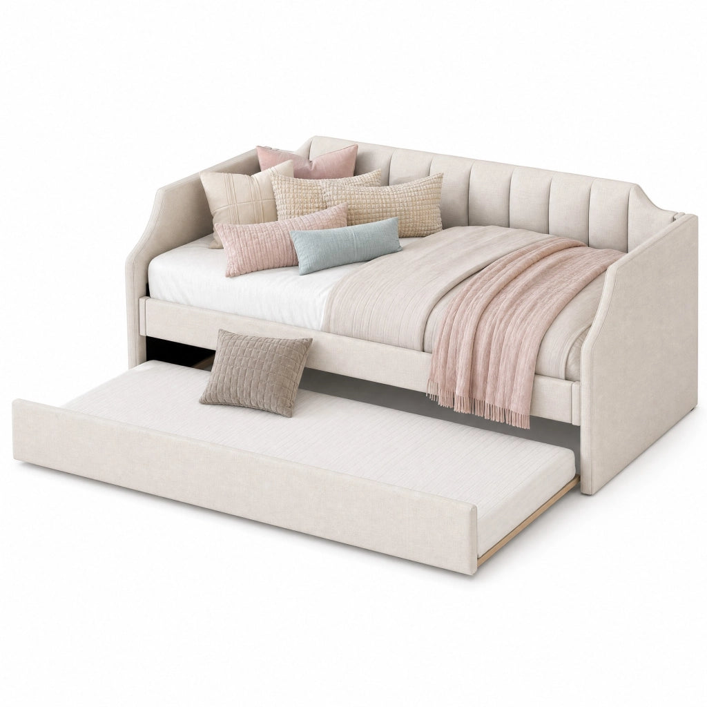 Letto singolo imbottito con secondo letto estraibile e design salvaspazio
