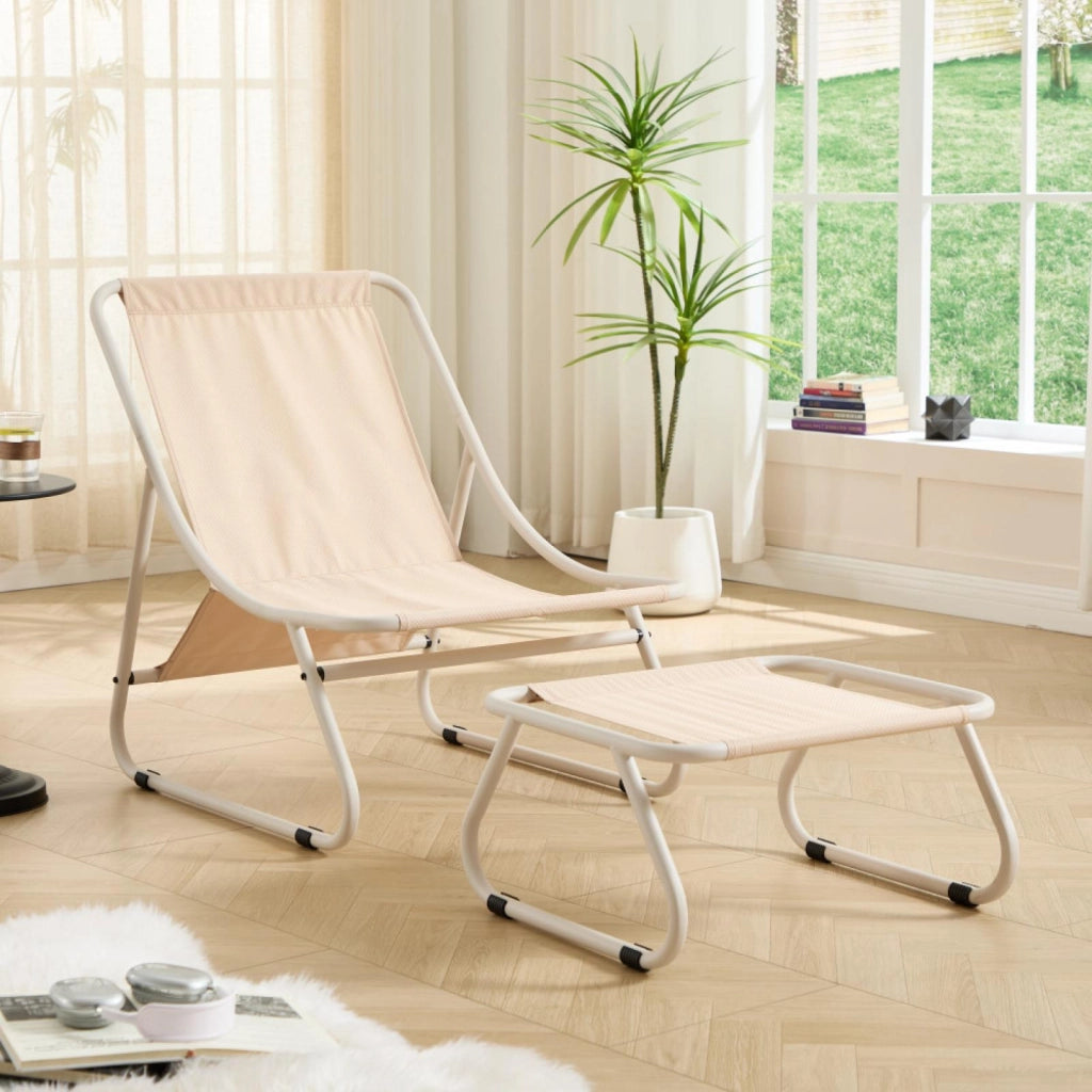 Sdraio, sedia da relax, con poggiapiedi, senza braccioli, beige