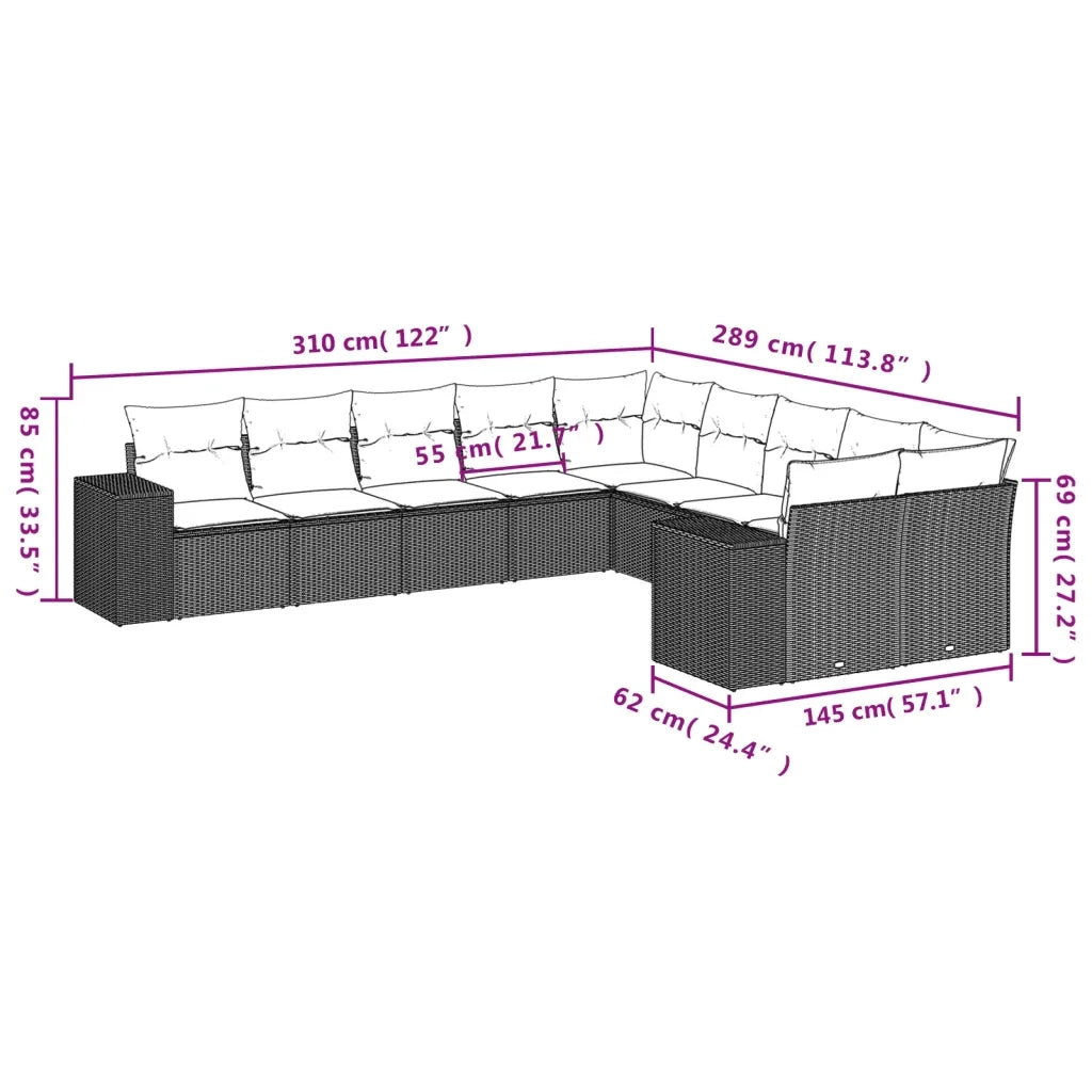Set Divani da Giardino 10pz con Cuscini in Polyrattan Nero 3255442