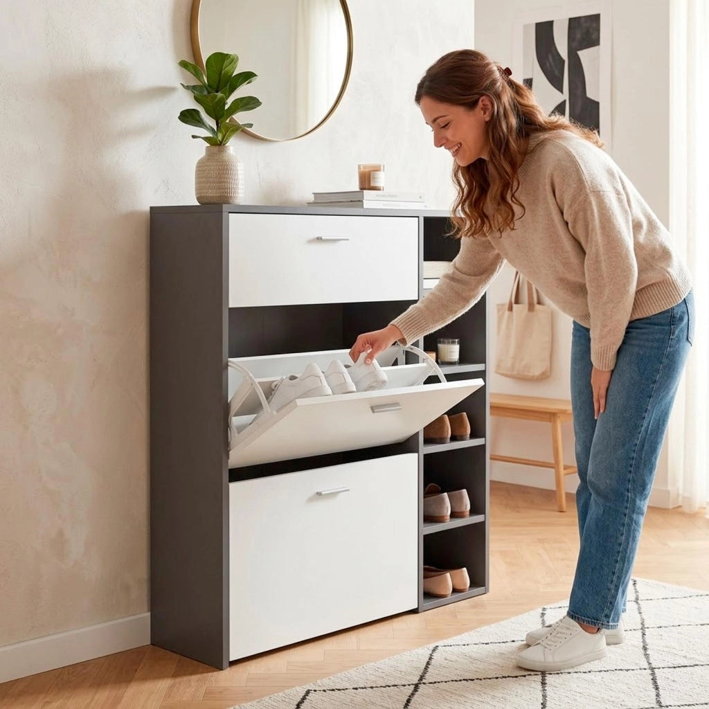Mobile Portascarpe Scarpiera Salvaspazio Con 2 Ribalte Doppia Profondità 1 Cassetto E 3 Vani A Giorno Design Moderno Per Ingresso Corridoio Sala 90 X 101.5 X 26 Cm Bianco E Grafite