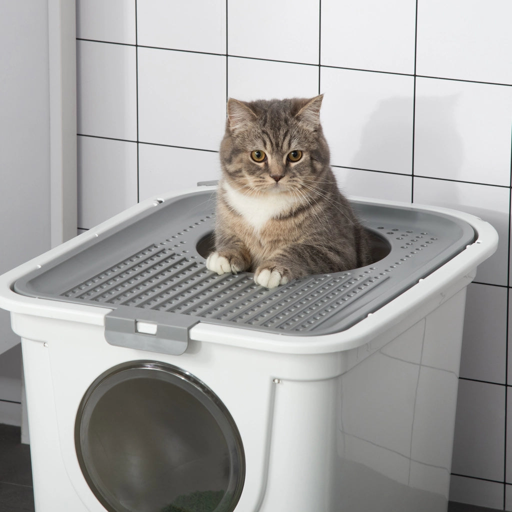 Lettiera per gatti con coperchio e paletta, adatta a gatti fino a 5 kg, per uso interno, in plastica, grigio e bianco, 44x55x39 cm