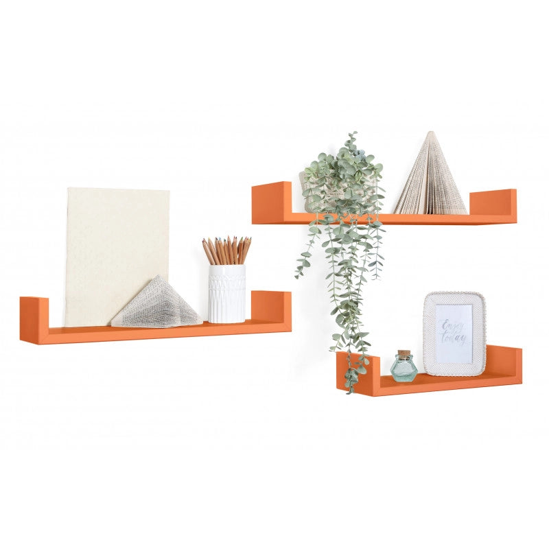 Set di 3 Mensole da Muro, Mensole Muro Design, Mensola da Parete, Arancione, 60x8 p15,5 cm, 50x8 p15,5 cm e 40x8 p15,5 cm - Calamita