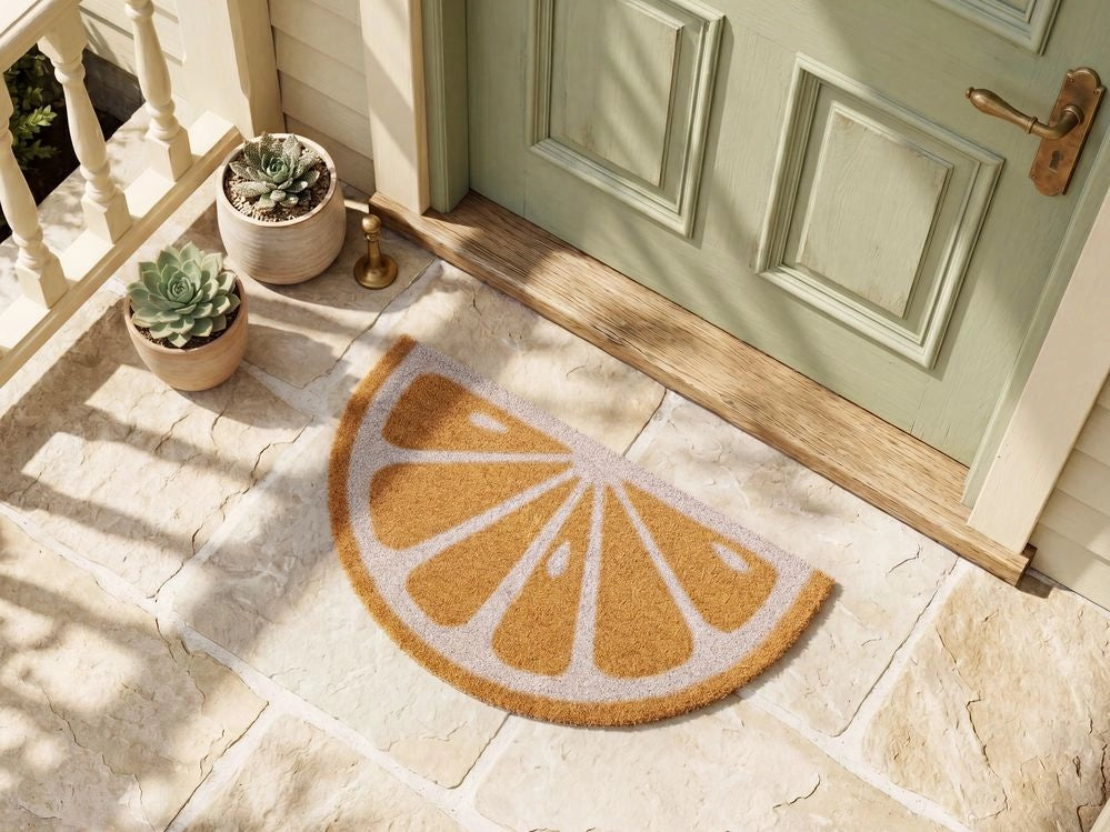 Zerbino da interno 45 x 75 cm a forma di limone in fibra di cocco, antiscivolo in stile retro in PVC arancione decorazione moderna per interni
