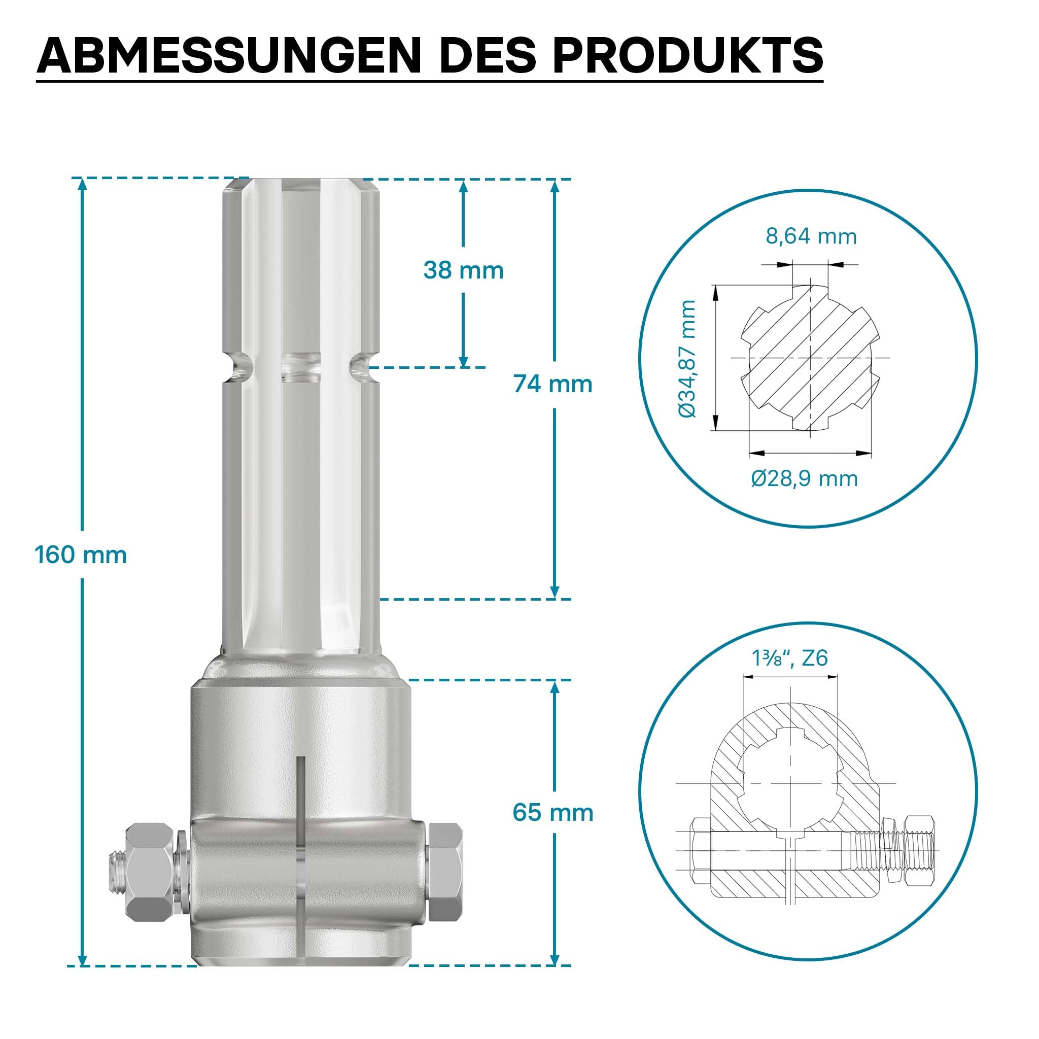 Boccola albero cardanico 160 mm Attacco albero scanalato 1 3/8" 6D Albero uscita 1 3/8" 6D Trattore