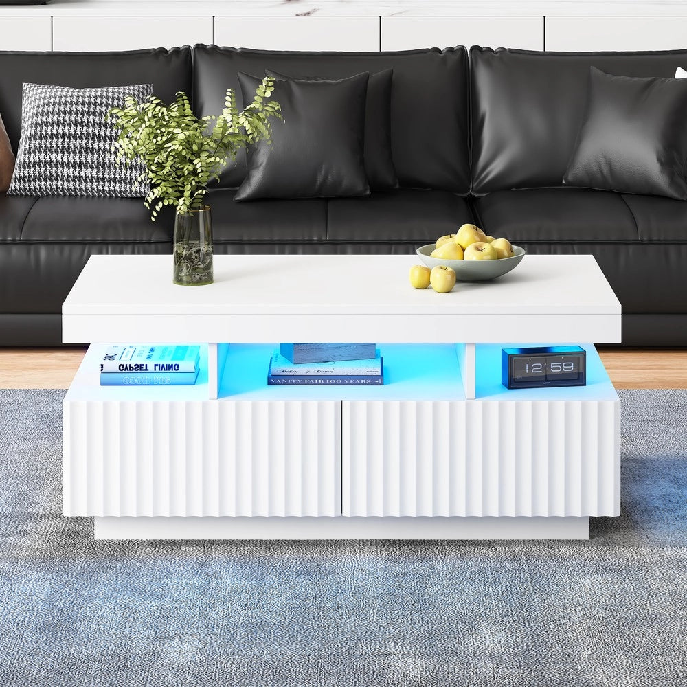 Tavolino da caff¨¨ con cassetti e LED ¨C Minimal ¨C Bianco legno effetto marmo 100x50x45