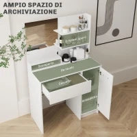 Toeletta Trucco con Specchio e Sgabello, Cassetto, Armadietto e Ripiani in Legno, Bianco