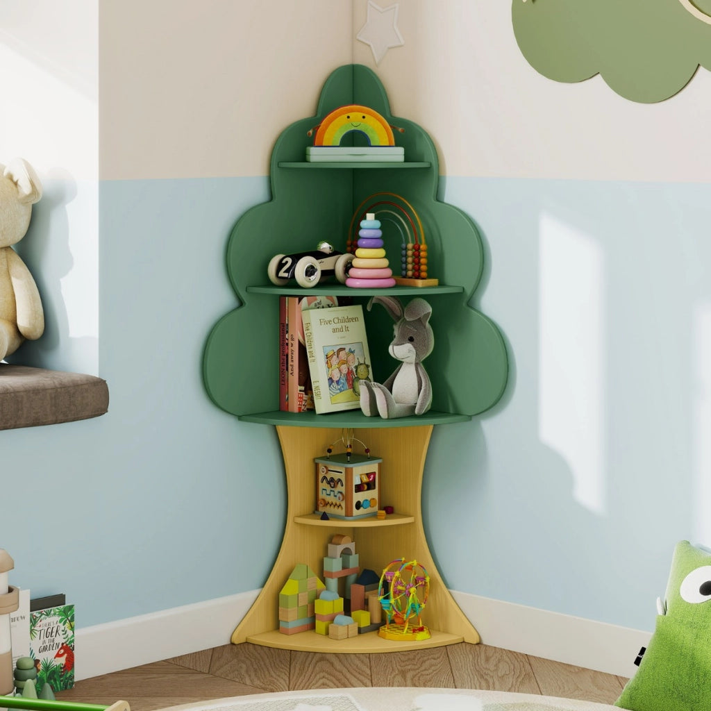 Libreria ad albero per bambini con sistema anti-ribaltamento, Libreria angolare salvaspazio per sala giochi e asilo Verde-Librerie