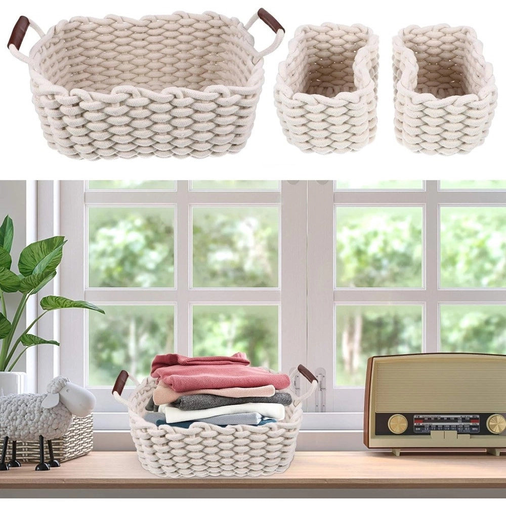Trade Shop - Set 3 Cestini Intrecciati In Corda Cesto Portaoggetti Organizza Decora Casa 10634 -