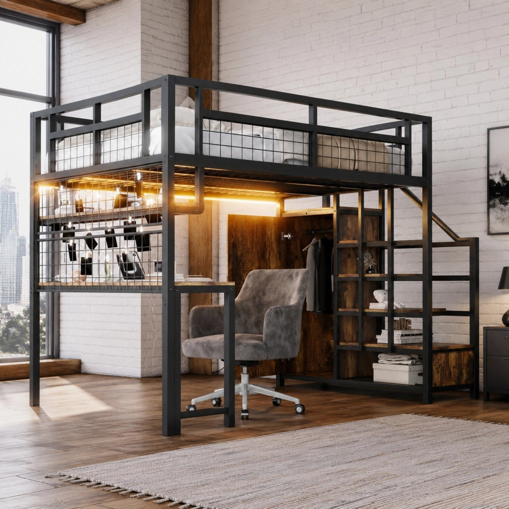 LETTO a soppalco 140x200 cm in metallo nero con scrivania e scala contenitore