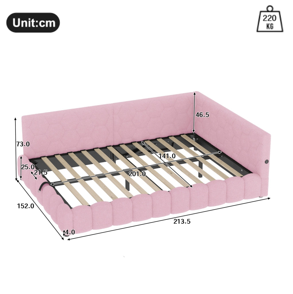 LETTO Daybed 140x200 cm Rosa con LED, USB, Tipo-C e vano contenitore