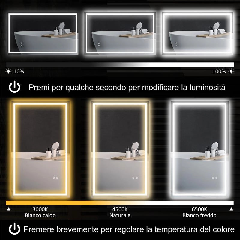 SPECCHIO PER BAGNO CON LUCI LED REGOLABILI A 3 COLORI E STRATO ANTIURTO IN VETRO E METALLO 100X3X60 CM