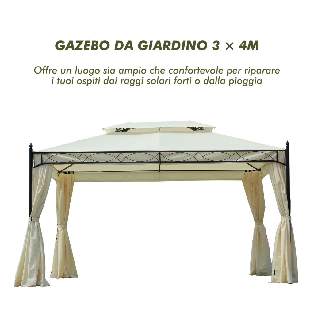 Gazebo da Giardino 3x4m ¨C Zephmum ¨C Acciaio, Doppio Tetto, 4 Tende, Crema