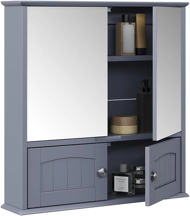 Specchio contenitore bagno Bianco, Grigio, 56 x 58 cm, per montaggio a parete con ripiano interno regolabile in altezza