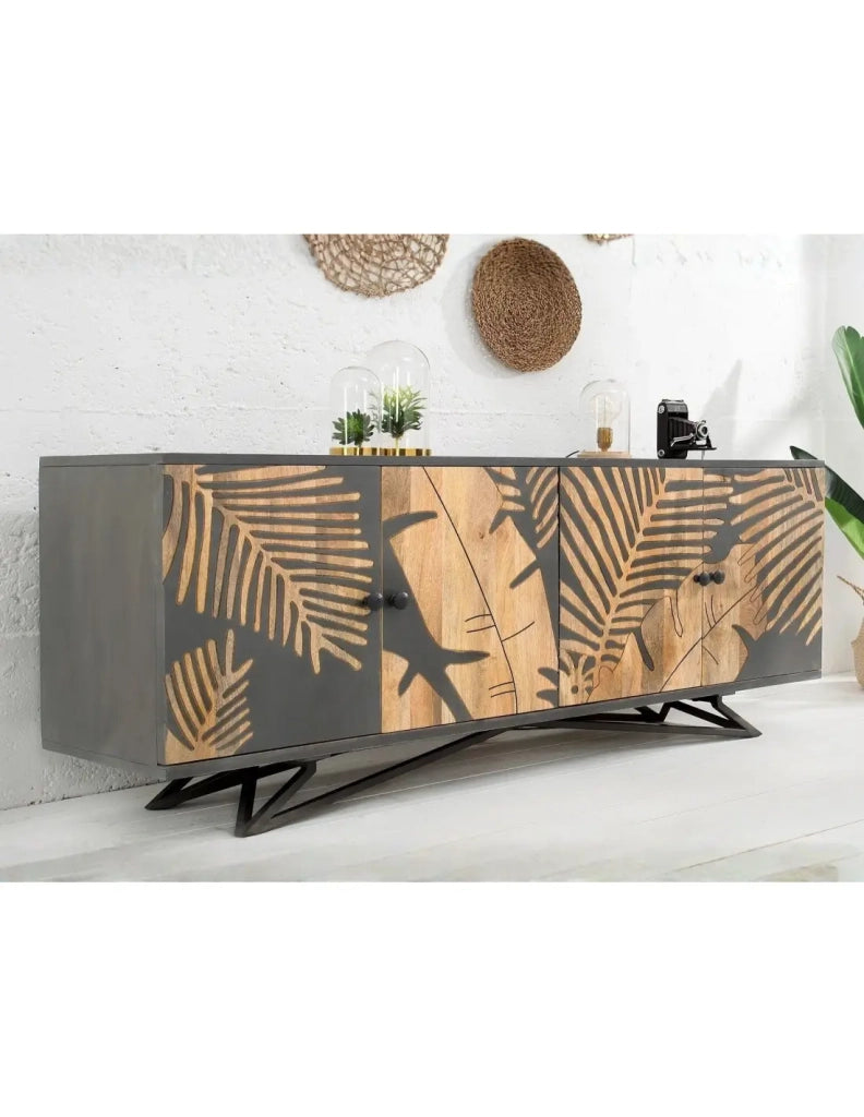 Buffet PLAYA 160 cm in legno massiccio di mango – 4 porte decorate e basamento in metallo nero