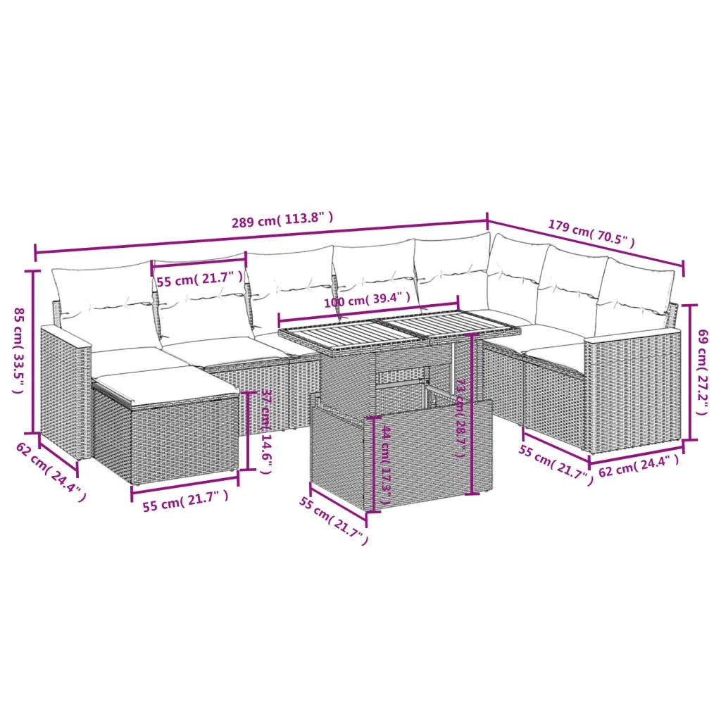 Set Divano da Giardino 9 pz con Cuscini Beige in Polyrattan 3273215