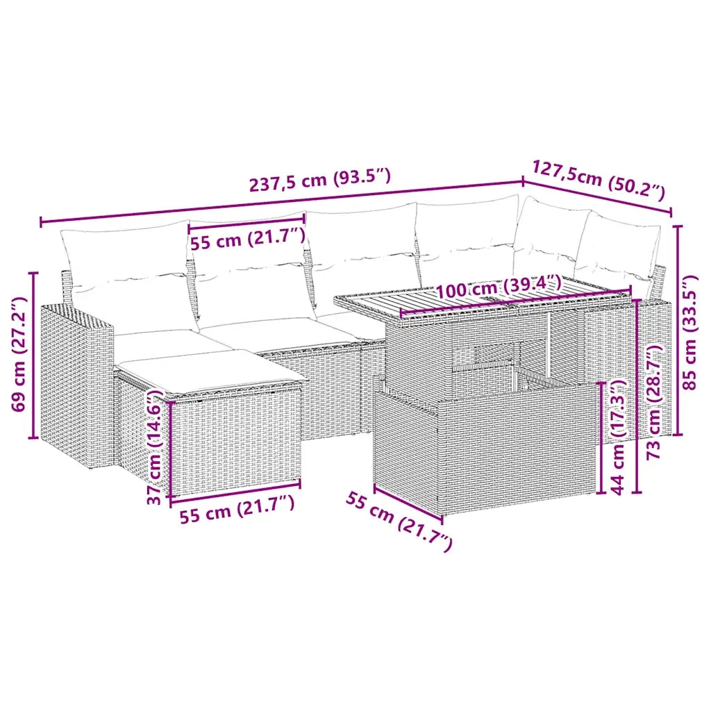 Set Divani da Giardino 7 pz con Cuscini Beige in Polyrattan