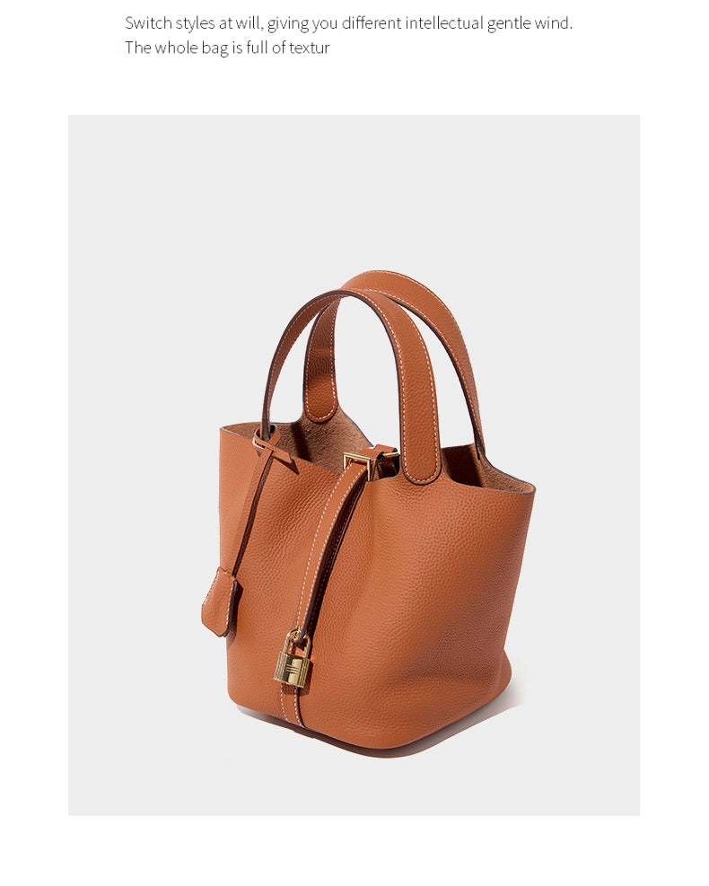 Borsa a mano da donna in vera pelle, a tracolla, a secchiello, tote bag, marrone