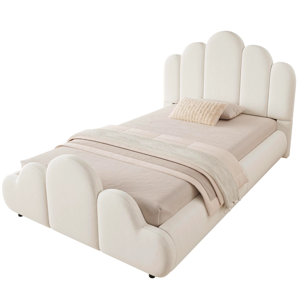 Letto singolo imbottito 90x200 cm in velluto beige con testiera, struttura arrotondata e rete inclusa