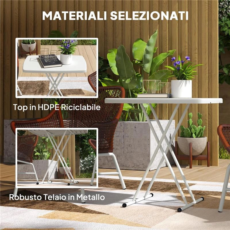 TAVOLINO DA GIARDINO PIEGHEVOLE CON ALTEZZA REGOLABILE, METALLO E HDPE, BIANCO