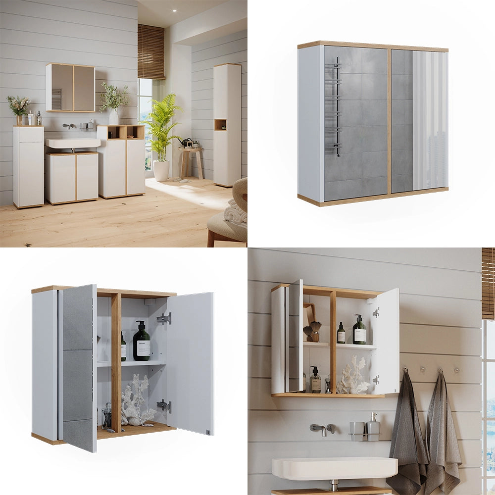 Vicco Specchio contenitore bagno Bianco/Artisan 60 x 60 cm con due porte a specchio