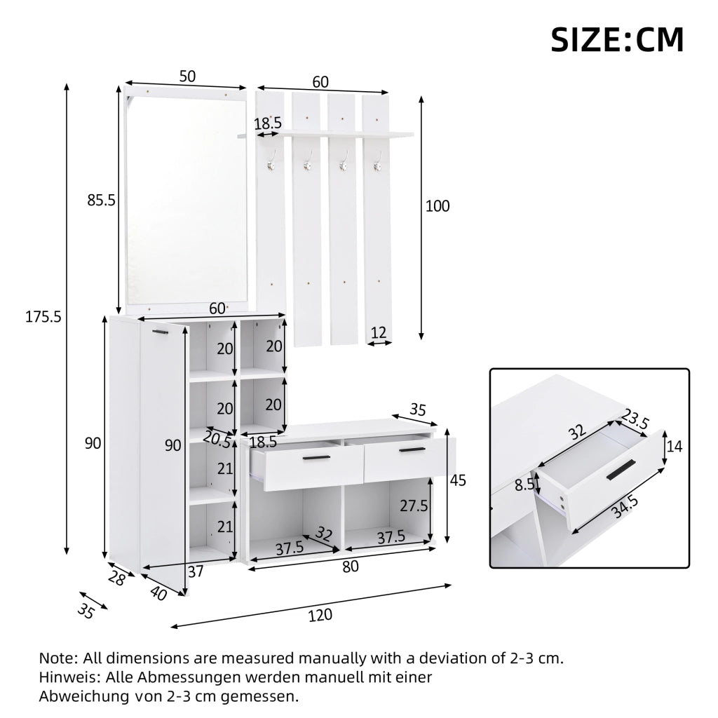 Garderoba da ingresso bianca con specchio, scarpiera, 2 cassetti e 4 ganci, 120x35x175,5 cm