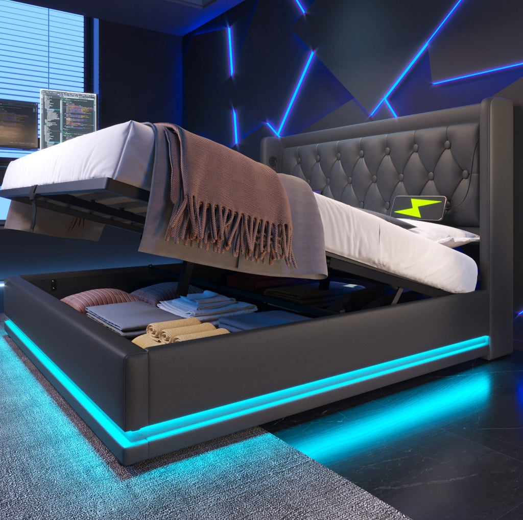 Letto matrimoniale con contenitore, LED e ricarica USB Type-C