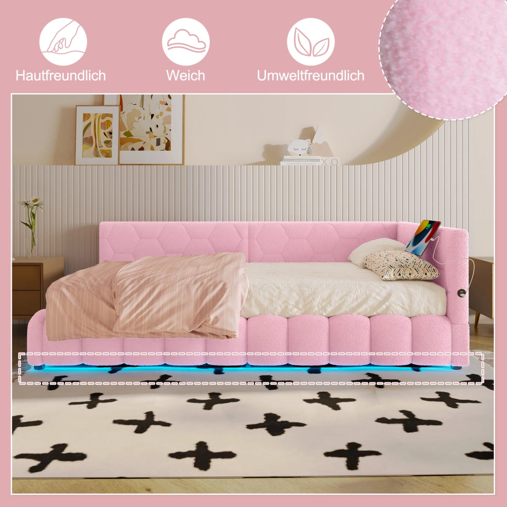 LETTO 90x200 cm Rosa in Vliesimitat e MDF con luce LED, USB e Type-C