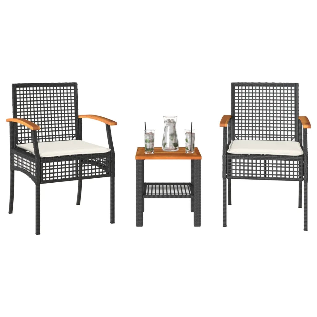 Set da BistrÃ² 3 pz con Cuscini Nero Polyrattan e Legno Acacia
