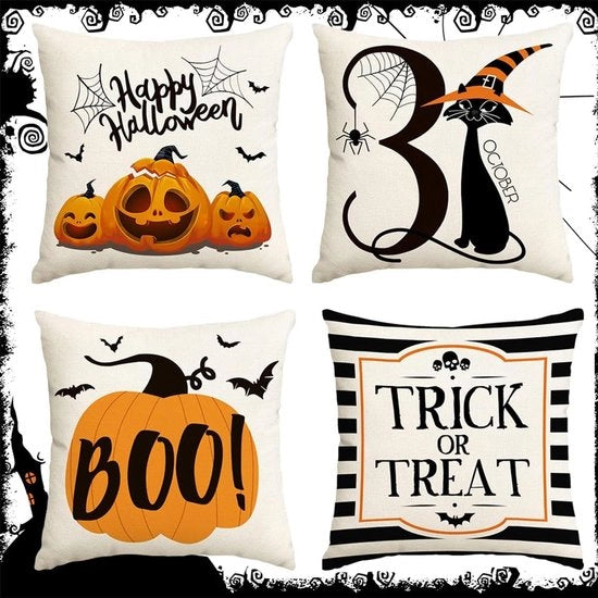 Set di 4 cuscini copricuscino per Halloween, cuscini copricuscino Halloween, cuscini pompon, copricuscini decorativi, 45 x 45 cm, cotone e lino.