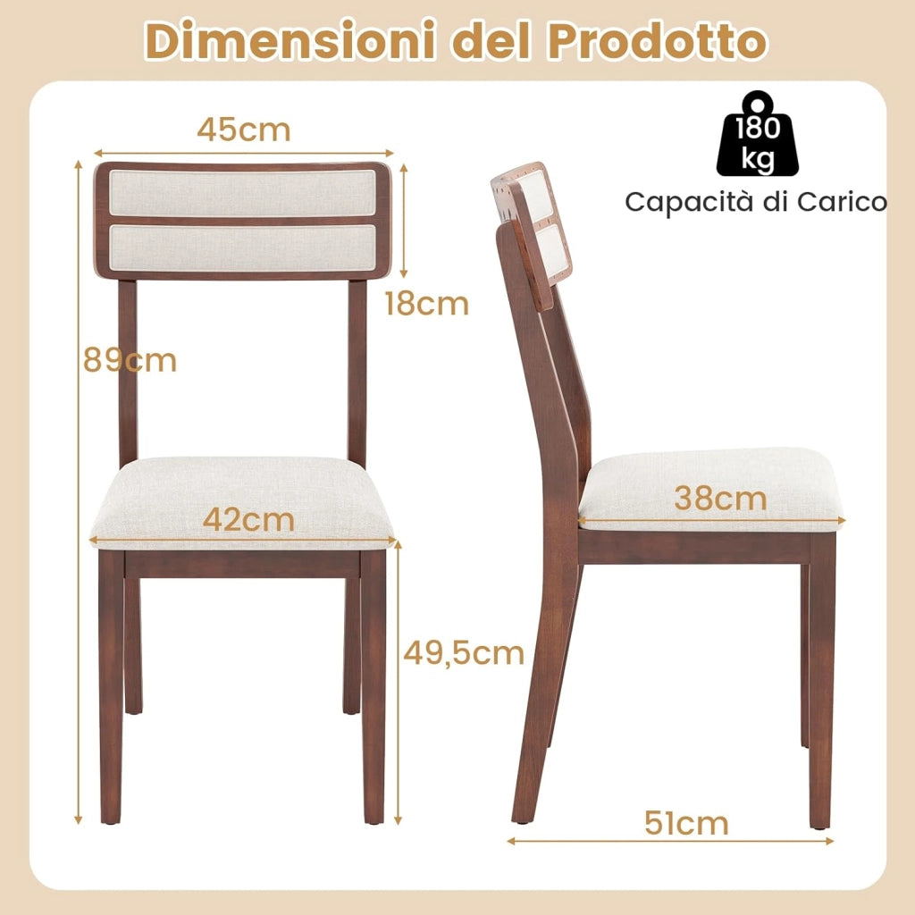 Set di 2 Sedie da Pranzo Moderne, Sedie Cucina in Tessuto con Schienale Inclinato, Gambe in Legno di Gomma e Seduta mbottita, Portata 180 kg, Ideale per Sala da Pranzo, Soggiorno (Marrone)