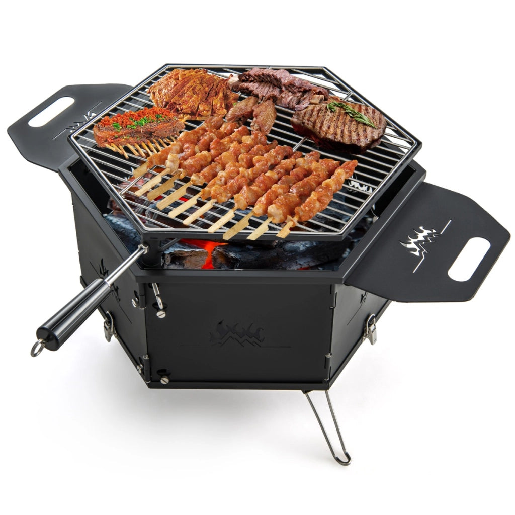 Barbecue a carbone portatile con griglia girevole a 360¡ãcorpo e gambe pieghevoli, Grill hibachi da esterno 77x74x38cm