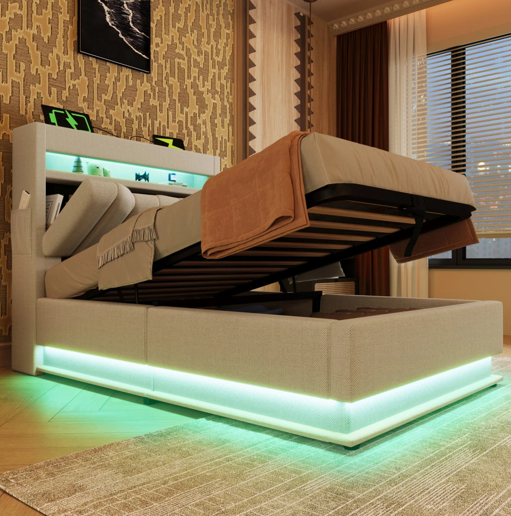 Letto singolo 90x200 cm con contenitore; LED; porte USB e Type-C; beige in lino con materasso