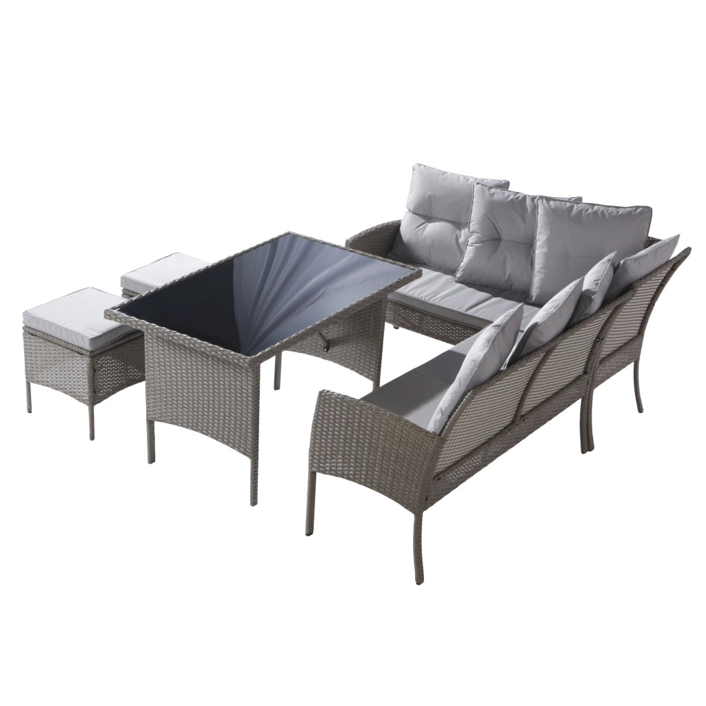 Set salotto polyrattan 7 persone: Divanooo + tavolo + sgabello + cuscini; tessuto lavabile; kaki