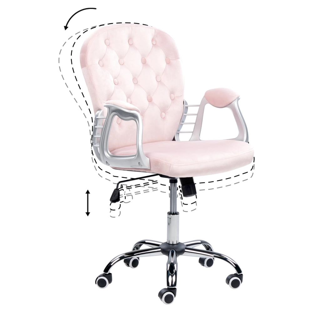Sedia da ufficio in velluto rosa con altezza regolabile e schienale trapuntato stile retrò moderno