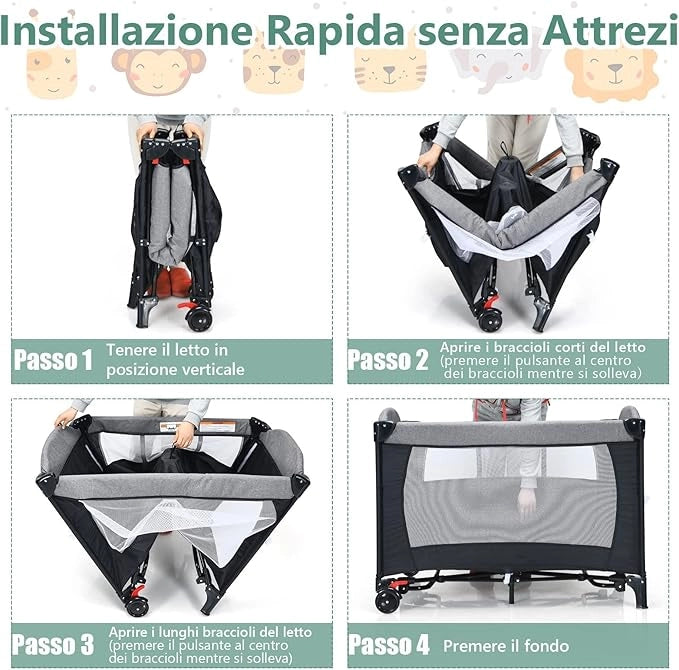 5 in 1 Lettino da Campeggio per Bambini, Lettino con Materasso per Neonato, Culla da Viaggio con Fasciatoio, Altezza Regolabile, Ruote con Freno, per Bambini 0-36 Mesi (Nero)