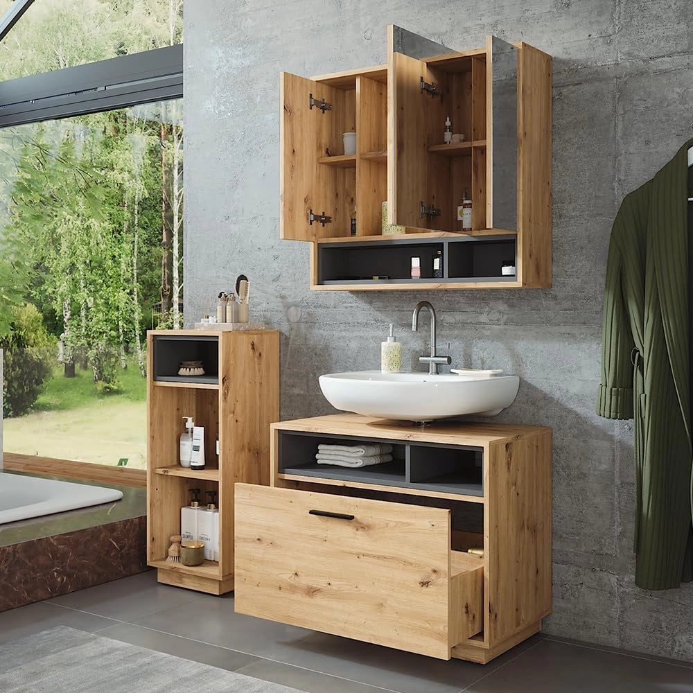 Set di mobili da bagno Beatrice, Rovere artigianale/antracite, 80 cm, composto da mobile sottolavabo, specchiera e mobile medio