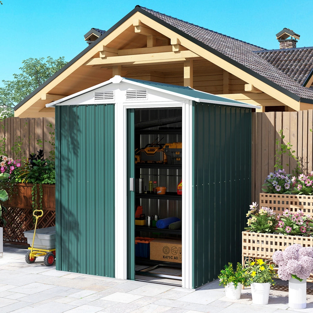 Casetta da Giardino Porta Attrezzi in Acciaio con Tetto Inclinato e 4 Prese d'Aria, 152x132x188 cm, Verde
