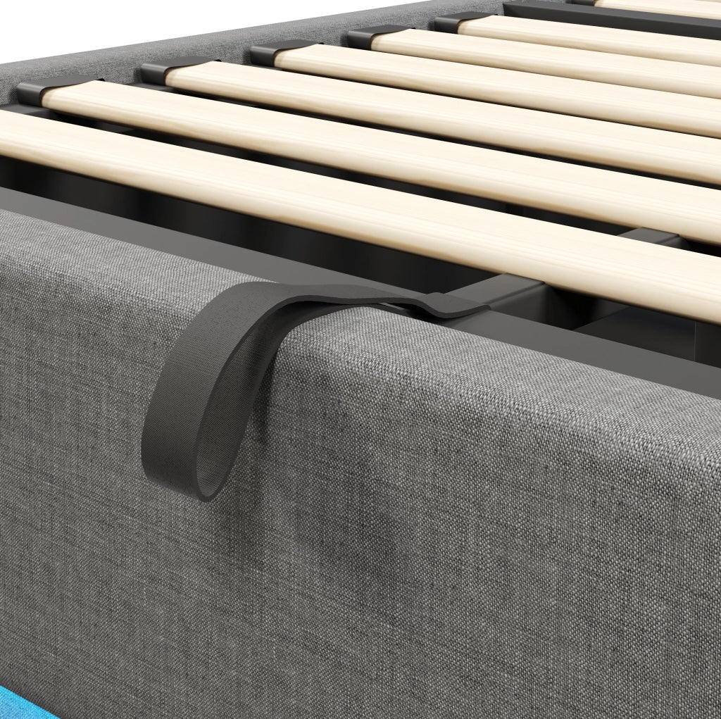 Letto matrimoniale contenitore 140x200 cm in lino grigio con LED e porte USB/Type-C HAVRYA