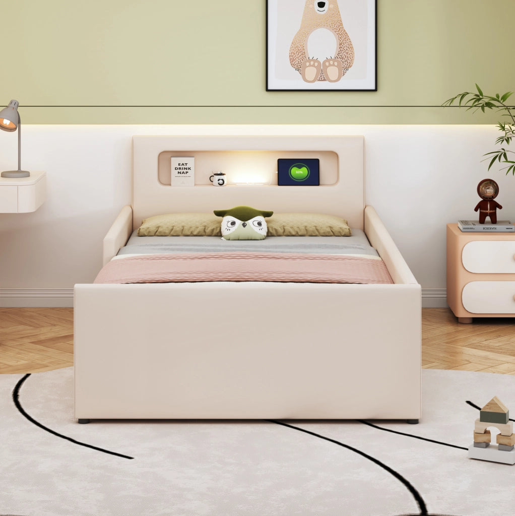 Letto imbottito per bambini 90x200 cm con luce notturna USB e cassetti beige