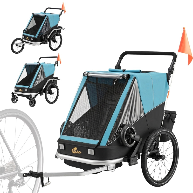 RIMORCHIO BICI PER BAMBINI 2 POSTI 2-in-1 PIEGHEVOLE BLU ALLUMINIO