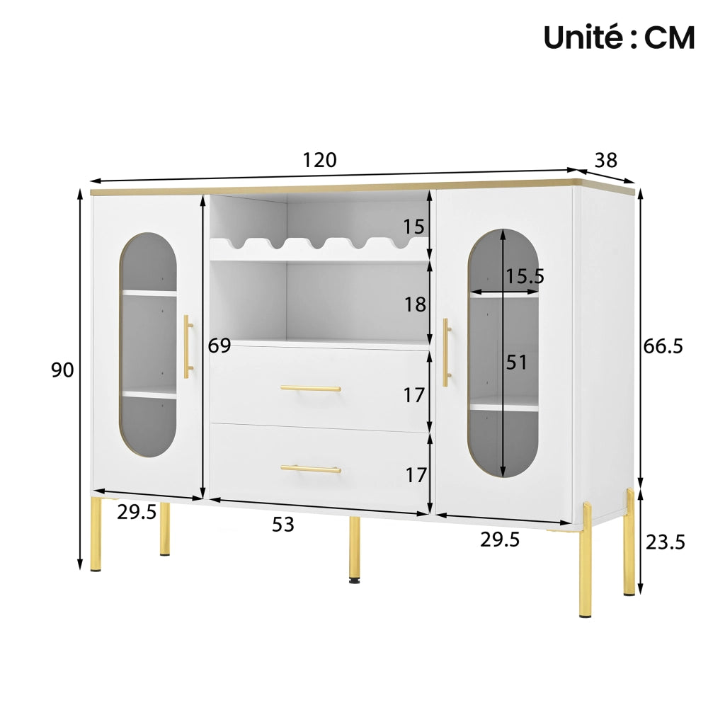 Credenza con 2 Ante in Vetro; 2 Cassetti e Portabottiglie; Maniglie Dorate; Piede Regolabile; in MDF; 120??38??90 cm; Bianco