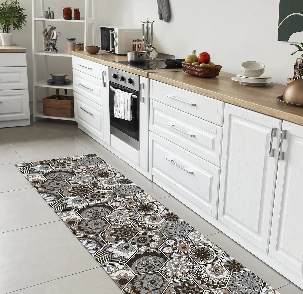 Tappeto Cucina Antiscivolo Made in Italy Passatoia Antimacchia Multiuso Corridoio Soggiorno Lavabile in Lavatrice - 50x100 - Esagoni Marroni