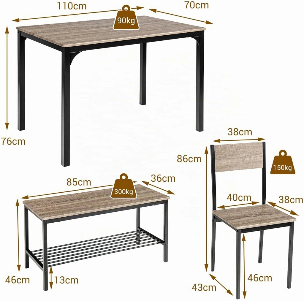 Set Tavolo e Sedie da Cucina 4 Pezzi, Tavolo da Pranzo con 2 Sedie e 1 Panca, Set Mobili da Cucina Salvaspazio con 4 Posti, per Sala da Pranzo e Soggiorno (Rovere grigio)