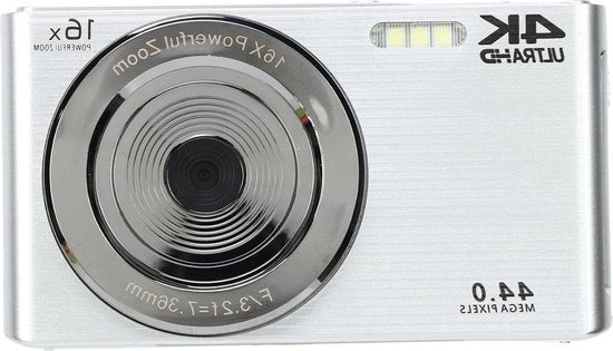 Videocamera 2,8 Pollici Schermo 16X Zoom Digitale 44MP Foto 4K HD Videocamera con Illuminazione Integrata - Ricarica tramite USB - 1200mAh - per Vlogger Viaggi e Trasferte in Casa - Colore Argento.