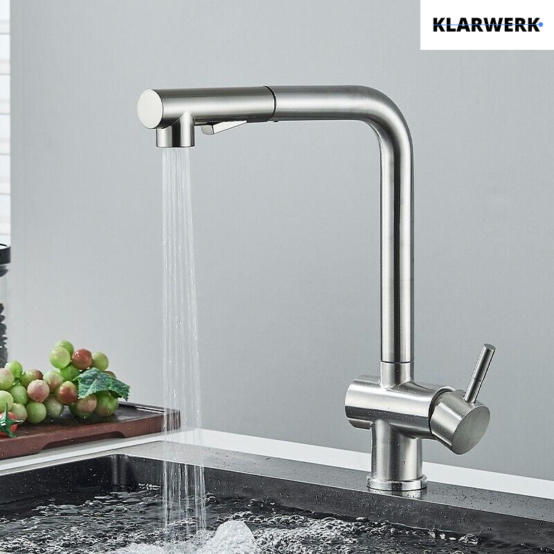 FELICE| Rubinetto da cucina estraibile Premium in acciaio inox argento spazzolato |Miscelatore canna dritta|gastronomia alta pressione 360° 2 attacchi