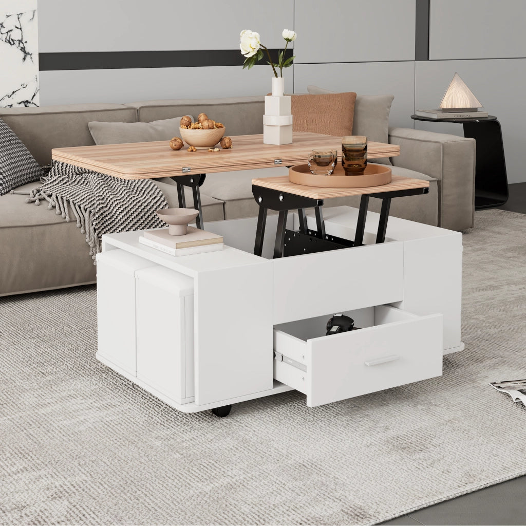 Tavolino da salotto sollevabile e allungabile con 4 sgabelli contenitore, bianco e effetto legno, 100x50 cm