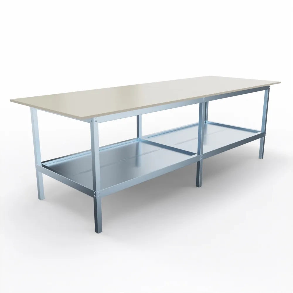 Banco lavoro fisso o su ruote con cassetto metallico e piano inferiore di metallo cm. 280x100x93h